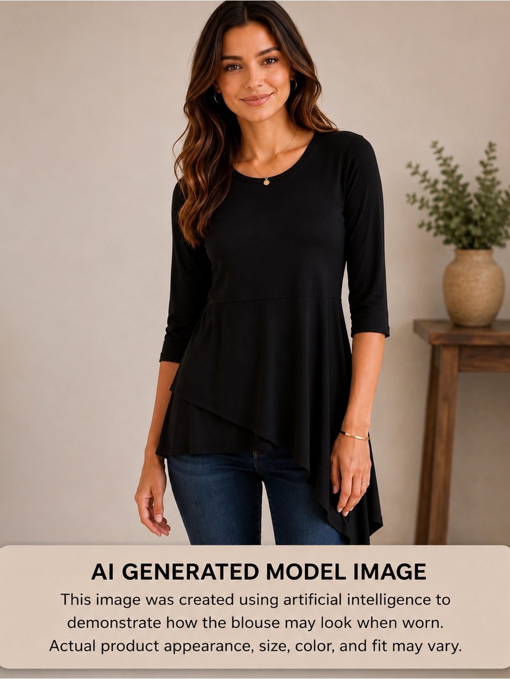 Carine Black Asymmetrical Hem Slip Over Tunic Top 3/4 Sleeve Size Small